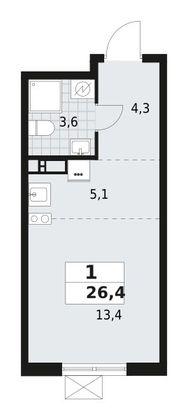 26,4 м², 1-комн. квартира, 7/12 этаж