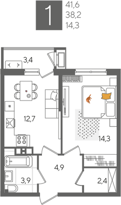 Продажа 1-комнатной квартиры 41,6 м², 9/24 этаж