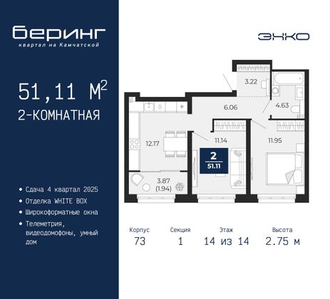 51,1 м², 2-комн. квартира, 14/14 этаж