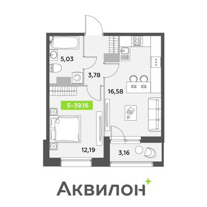 39,2 м², 1-комн. квартира, 10/12 этаж