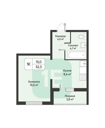 Продажа 1-комнатной квартиры 32,3 м², 5/17 этаж