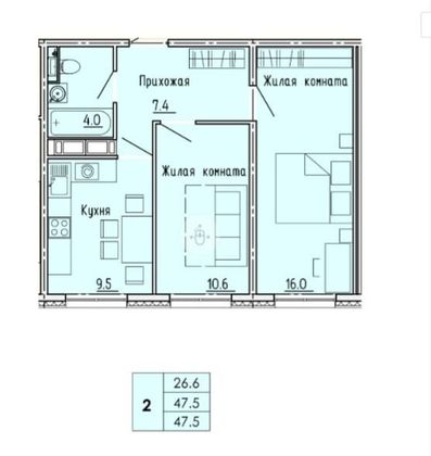 Продажа 2-комнатной квартиры 47,5 м², 9/18 этаж