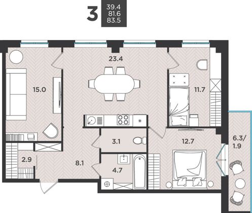 83,5 м², 4-комн. квартира, 1/9 этаж