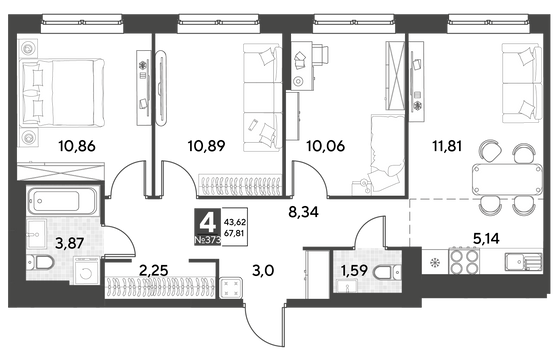 Продажа 4-комнатной квартиры 67,8 м², 24/25 этаж