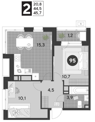 Продажа 2-комнатной квартиры 45,7 м², 9/21 этаж