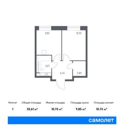 32,6 м², 1-комн. квартира, 6/13 этаж