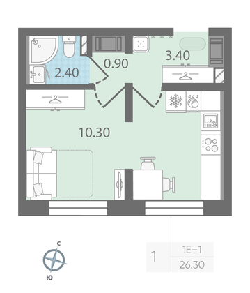 Продажа 1-комнатной квартиры 26,3 м², 2/25 этаж