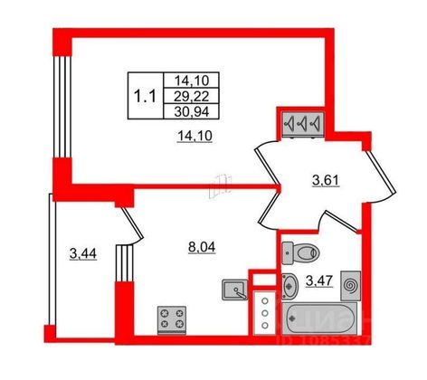 Продажа 1-комнатной квартиры 30,9 м², 14/15 этаж