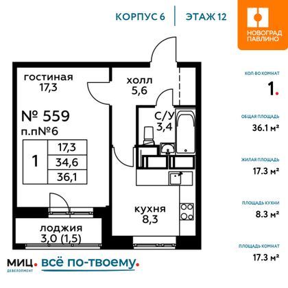 Продажа 1-комнатной квартиры 36,1 м², 12/20 этаж