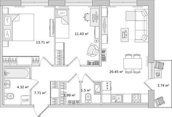 60,2 м², 2-комн. квартира, 12/15 этаж