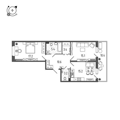 74,8 м², 2-комн. квартира, 1/12 этаж