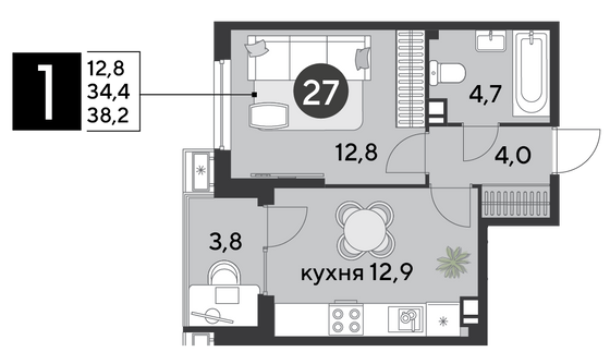 Продажа 1-комнатной квартиры 38,2 м², 4/18 этаж