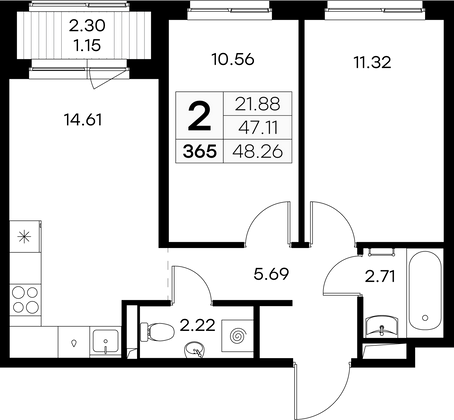 48,3 м², 2-комн. квартира, 7/9 этаж