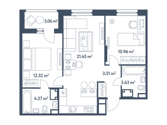 57,8 м², 2-комн. квартира, 3/25 этаж