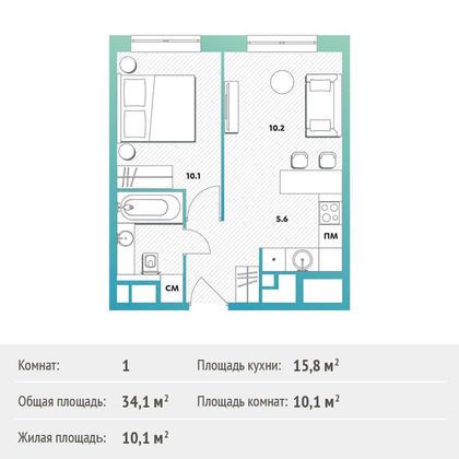 Продажа 1-комнатной квартиры 34 м², 29/30 этаж