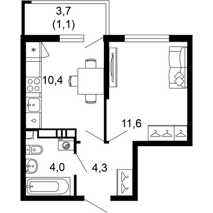 31,4 м², 1-комн. квартира, 10/17 этаж