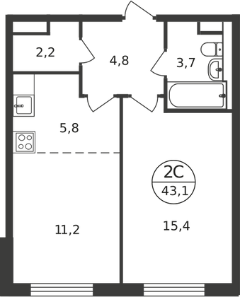 43,1 м², 2-комн. квартира, 8/9 этаж