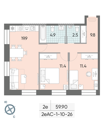 Продажа 2-комнатной квартиры 59,9 м², 25/28 этаж
