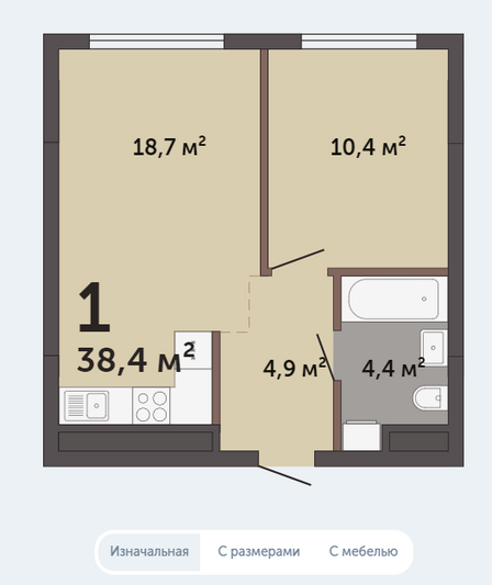 Продажа 1-комнатной квартиры 38,4 м², 7/30 этаж