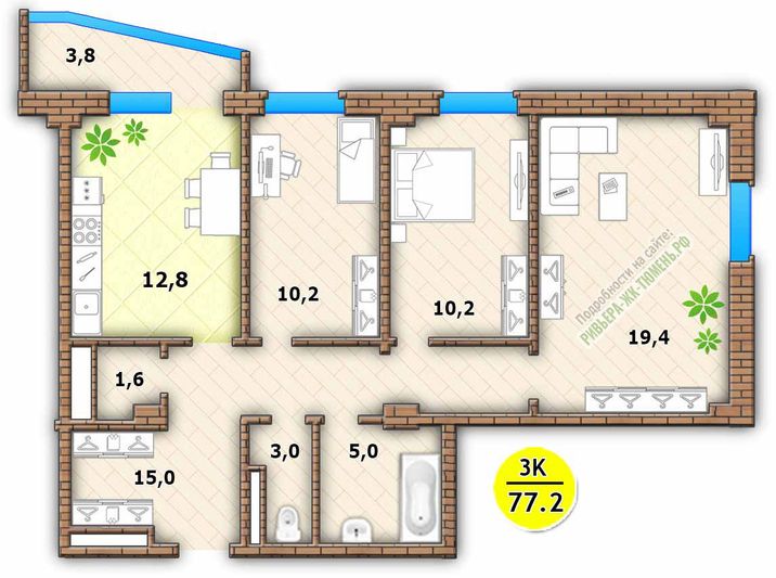 Продажа 2-комнатной квартиры 72,4 м², 10/20 этаж