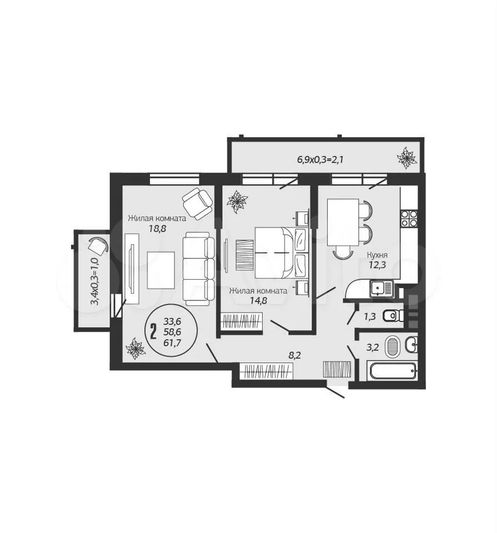Продажа 2-комнатной квартиры 62 м², 7/18 этаж