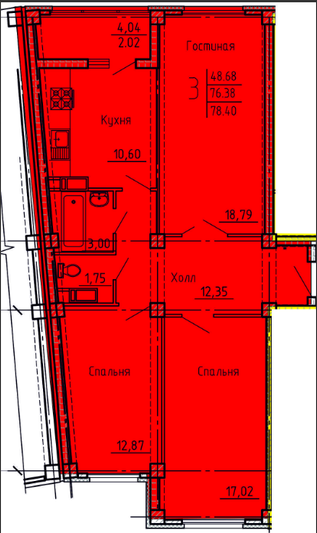 Продажа 3-комнатной квартиры 78,4 м², 9/18 этаж