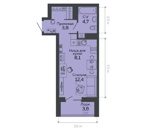 Продажа квартиры-студии 34 м², 12/16 этаж