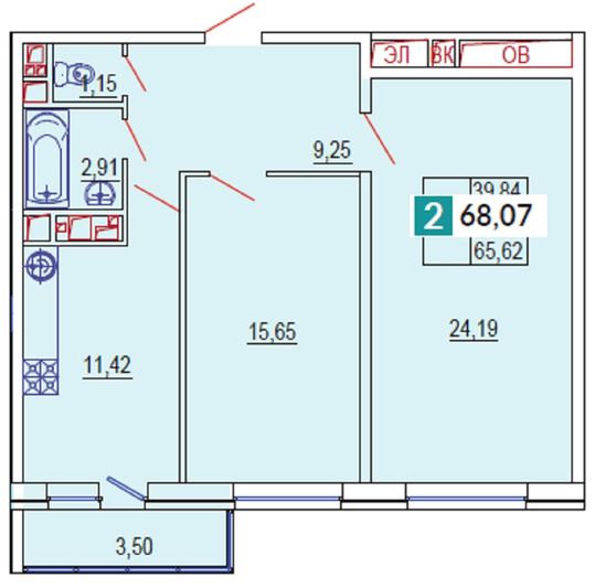 Продажа 2-комнатной квартиры 68 м², 9/24 этаж