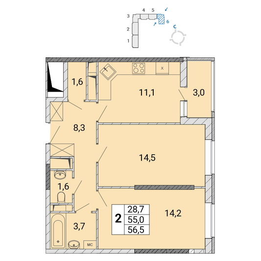 Продажа 2-комнатной квартиры 56,6 м², 3/17 этаж