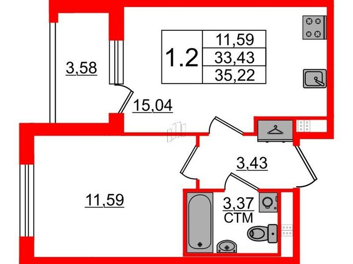 Продажа 1-комнатной квартиры 33,4 м², 3/4 этаж