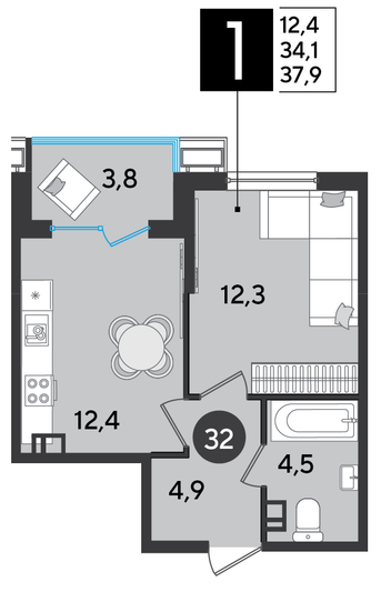 Продажа 1-комнатной квартиры 37,9 м², 6/16 этаж