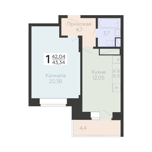 Продажа 1-комнатной квартиры 43,3 м², 3/22 этаж