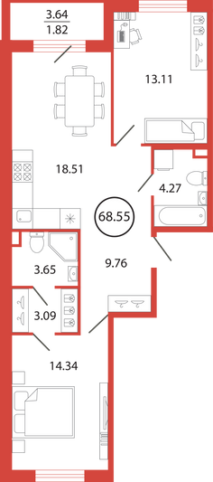 Продажа 2-комнатной квартиры 68,6 м², 2/12 этаж