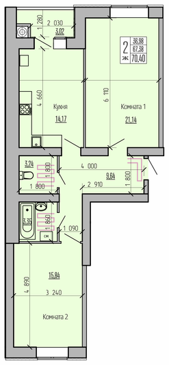 Продажа 2-комнатной квартиры 70,4 м², 2/10 этаж
