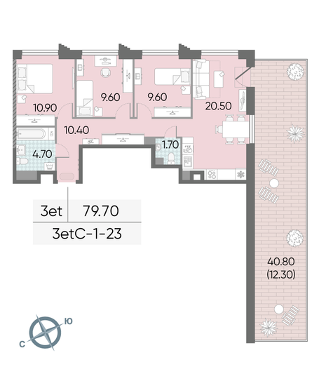 Продажа 3-комнатной квартиры 79,7 м², 23/58 этаж