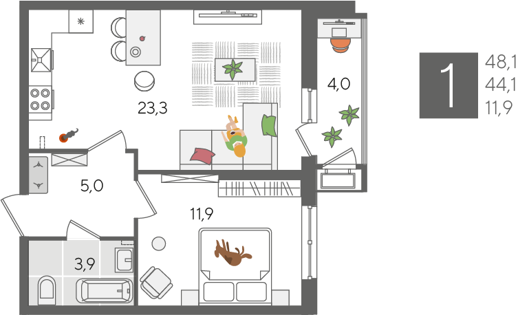 Продажа 1-комнатной квартиры 48,1 м², 2/24 этаж