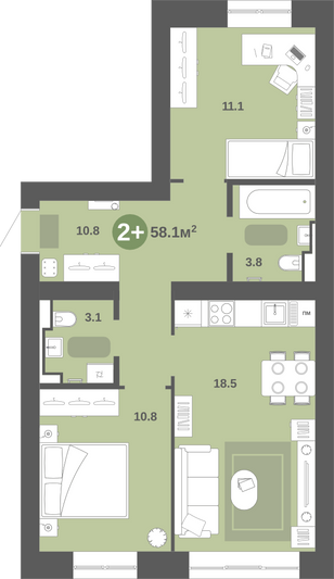 Продажа 2-комнатной квартиры 58,1 м², 3/9 этаж