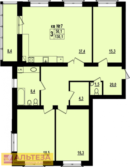 Продажа 3-комнатной квартиры 130,1 м², 2/4 этаж