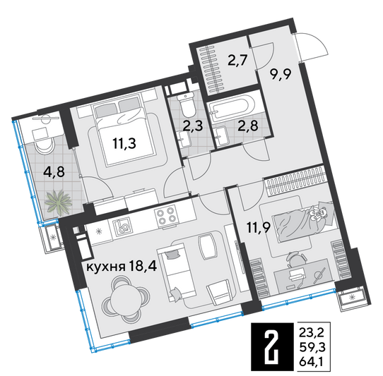 Продажа 2-комнатной квартиры 64,1 м², 17/18 этаж