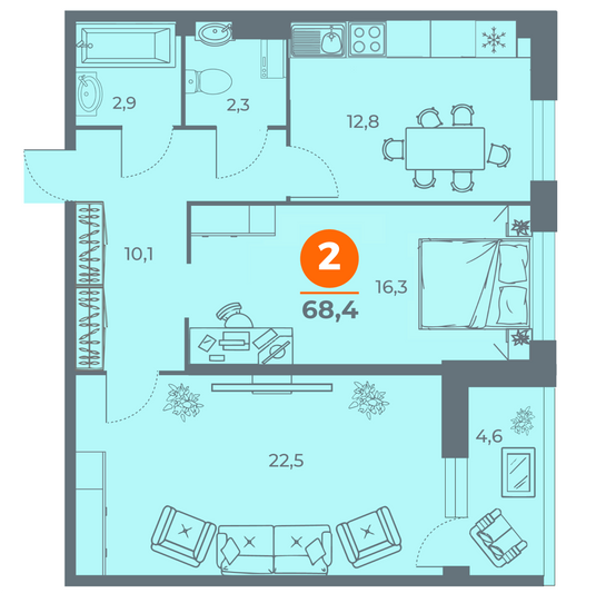 Продажа 2-комнатной квартиры 68,3 м², 1/19 этаж