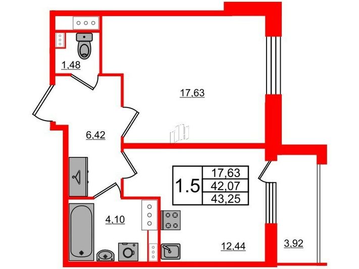 Продажа 1-комнатной квартиры 42,1 м², 11/12 этаж