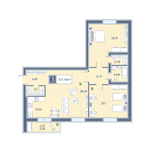 Продажа 3-комнатной квартиры 107,5 м², 2/14 этаж