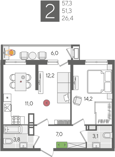 Продажа 2-комнатной квартиры 57,3 м², 19/24 этаж