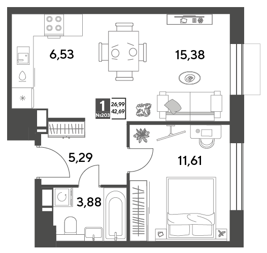 Продажа 1-комнатной квартиры 42,7 м², 10/15 этаж