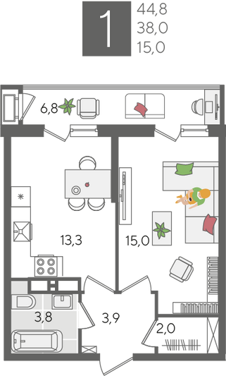 Продажа 1-комнатной квартиры 44,8 м², 19/24 этаж