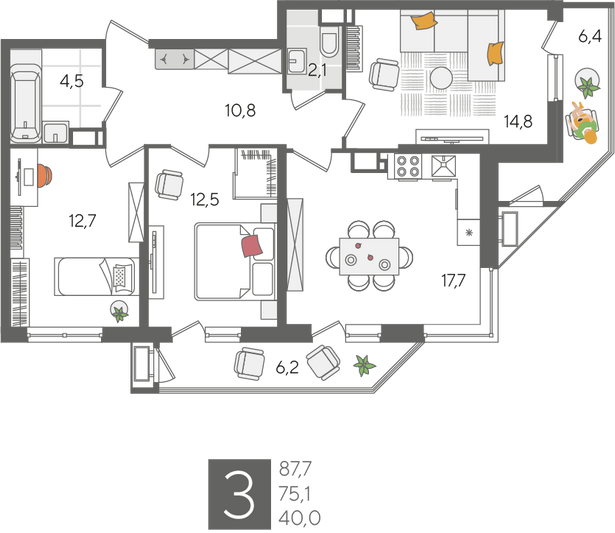 Продажа 3-комнатной квартиры 87,7 м², 14/24 этаж
