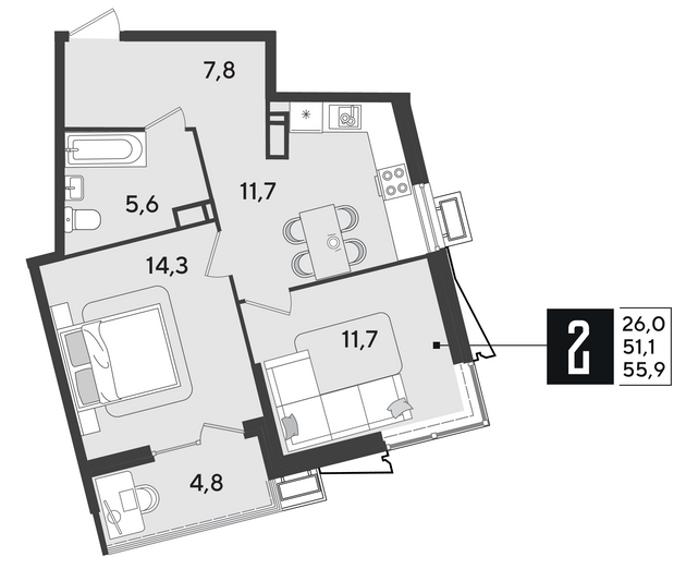 Продажа 2-комнатной квартиры 55,9 м², 18/18 этаж
