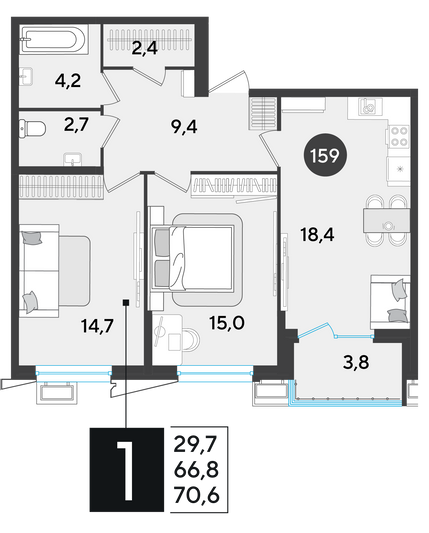 Продажа 2-комнатной квартиры 70,6 м², 2/9 этаж