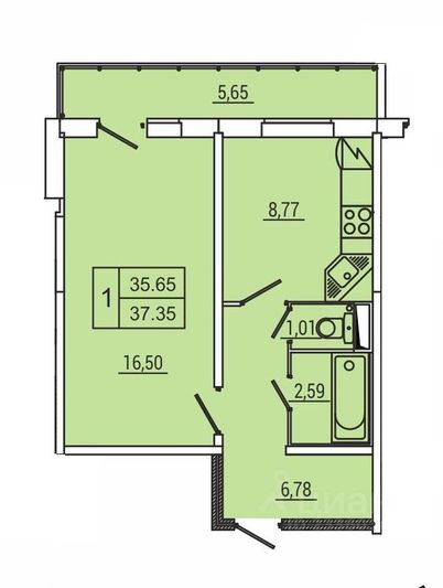Продажа 1-комнатной квартиры 37 м², 2/16 этаж