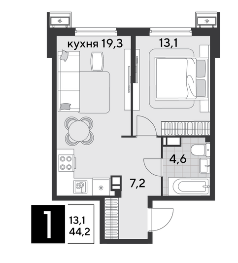 Продажа 1-комнатной квартиры 44,2 м², 5/18 этаж